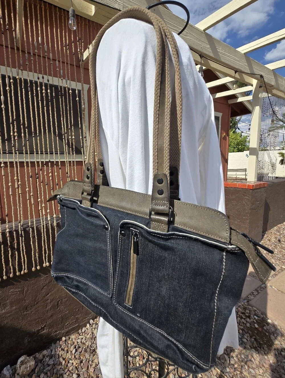 Men's Dark Blue Canvas Messenger Tote with Recycled Leather From Italy